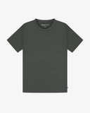 Close-up of a dark green men's t-shirt showing an Uskees brand label at the neck presented on a white background