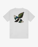 Back view of an Uskees white short-sleeve crew neck t-shirt featuring a detailed graphic of a flying magpie bird on the back, set against a clean white background.