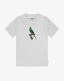 An Uskees white short-sleeve crew neck t-shirt for men featuring a colourful graphic of a green parakeet perched on a branch on the centre chest, displayed against a light background.