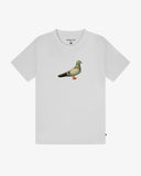 Front view of an Uskees white short-sleeve t-shirt featuring a vintage-style illustration of a pigeon on the centre of the chest.