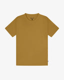 Front view of a mustard yellow short-sleeve crew neck t-shirt by Uskees, shown flat against a light gray background.
