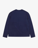Back view of the Uskees dark indigo organic cotton jersey long-sleeved T-shirt.