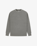 Front flat view Uskees dark grey fisherman’s sweater for men.