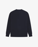 Front flat view Uskees midnight blue fisherman’s sweater for men with focus on raglan sleeves.
