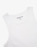 View of neck area of white cotton workout vest with focus on heavyweight ribs and Uskees branding stamp.