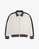Front flat view of an Uskees cream bomber jacket with purple accents on a white background.