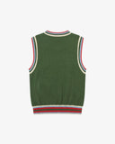 Back flat view of an Uskees men's green sleeveless sweater vest with colorful trim on a white background.