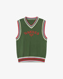 Front view of a men's bright green sleeveless sweater vest with 'USKEES' branding on the front in red.