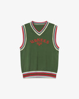 Front view of a men's bright green sleeveless sweater vest with 'USKEES' branding on the front in red.