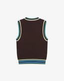 Back view of a brown sleeveless men's sweater with blue and on a light gray background with blue and cream edging on the neck, armholes and welt.