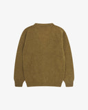 Back view of Uskees olive-green lambswool Harris cardigan.