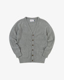 Front view of Uskees stone-grey lambswool Harris cardigan.
