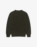 Back flat view of dark green speckled kelp, Alderney crew neck jumper in Scottish new wool. Clear view of drop shoulder design Uskees branding label.