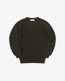 Front flat view of dark green speckled kelp, Alderney crew neck jumper in Scottish new wool. Clear view of drop shoulder design Uskees branding label.