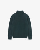 Back view flat shot of Uskees men's turtleneck sweater in dark green wool on a white background.