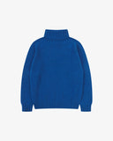 Back view flat shot Uskees ultra blue roll neck lambswool sweater for men on a white background.