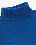 Close up of shot Uskees ultra blue roll neck sweater for men showing the ribbed neckline.