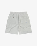 Back view flat shot of Uskees gray marl shorts for men showing elasticated drawstring waist, 2 back pockets and logo tab.