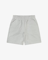 Front flat shot of Uskees marl gray shorts for men indicating relaxed fit.