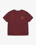 Front view short sleeve dark red men's T-shirt with small Uskees Boxing Club graphic in gold on a white background.