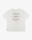 Back view short sleeve white men's T-shirt with Uskees Boxing Club graphic in pale burgundy on a white background.