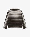 Flat back view of an Uskees black/cream/brown striped men's rugby shirt showing the back of the white collar.