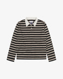 Flat front view of an Uskees black/cream/brown striped men's rugby shirt showing the white collar and placket. 