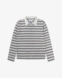 Front flat view of an Uskees striped long-sleeve rugby shirt with a white collar.