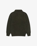 Back view of an Uskees green/brown  speckled men's sweater with a collar.