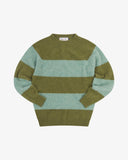 Front flat shot of green and pale blue striped Uskees sweater for men on a white background.