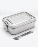 Uskees stainless steel silver lunch box with fork presented on a grey background.