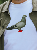Close up view of white t-shirt with pigeon graphic print on chest