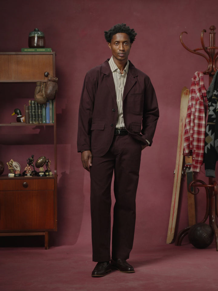 3047 twill docklands blazer - dark plum
5021 twill painter pants - dark plum
6013 advanced shirt - terraced pinstripe