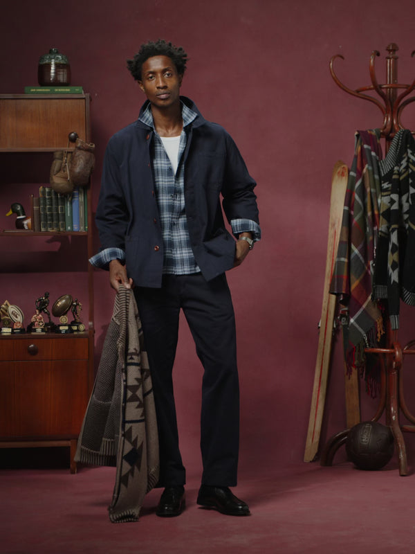 3001 overshirt - midnight blue
5021 twill painter pants - midnight blue
6015 method shirt - navy check
alta cardigan - barley